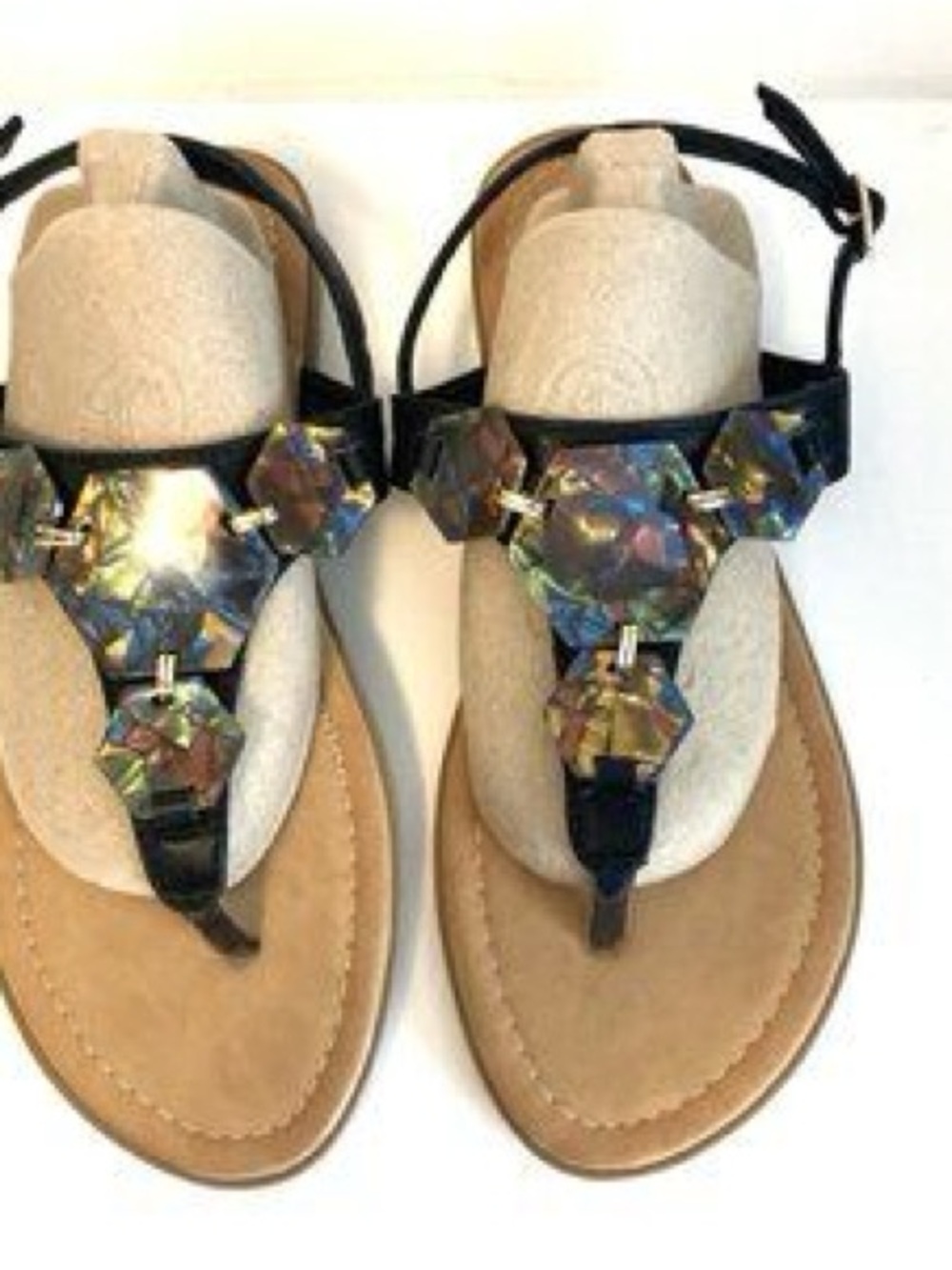 Women's Black Jeweled T-Strap Sandals
